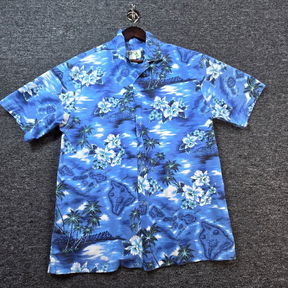 KY'S Hawaiian Shirt Men M Blue Tropical Island Floral Map Print Aloha Beach Camp